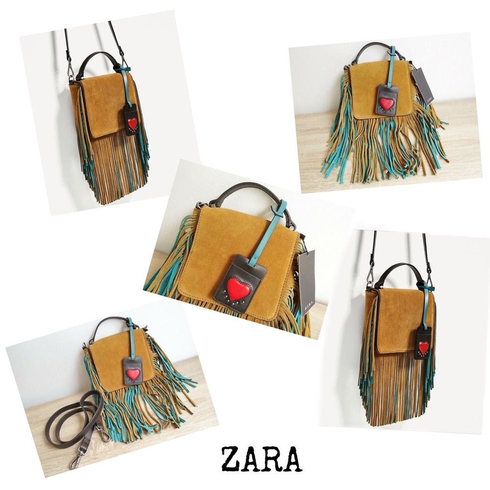 ZARA women leather fringe crossbody bag